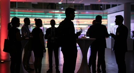 Fototapeta premium Silhouetted figures converse at an indoor networking event, drinks in hand, against a vibrant backdrop