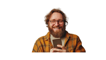 Happy Man Using Smartphone, Smiling, Casual, Beard, Glasses
