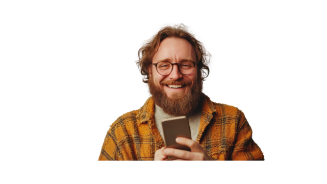 Happy Man Using Smartphone, Smiling, Casual, Beard, Glasses