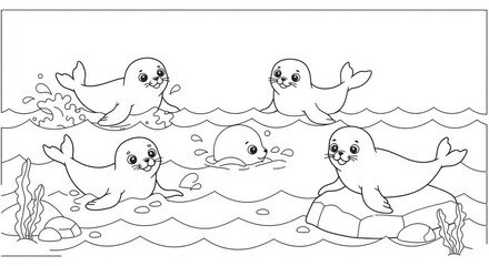 Four adorable seal pups playfully swim and rest near rocks and seaweed in the ocean.  A smaller pup surfaces in the middle