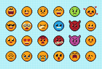 Pixels Y2k funny playful emoticon stickers. Love, kiss, melting smile. 8-bit retro style vector illustration for social media. Set of emoticons pixel art. Emoji pixelated icons. Various faces