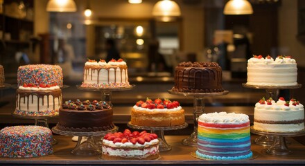A delightful display of various cakes with colorful icings and fresh berries, showcased in a bakery window
