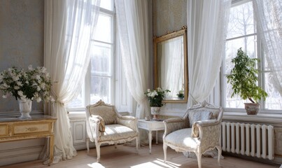 Obraz premium elegant vintage interior with antique furniture, ornate mirror, soft lace curtains, faded wallpapers, and warm natural light from tall windows 
