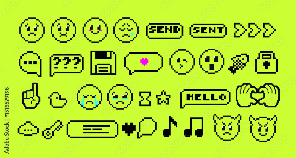 Poster set of pixel art speech bubbles and icons. retro game style dialogue box and elements vector collect