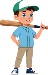 Boy playing baseball holding bat wearing cap and sportswear vector illustration 