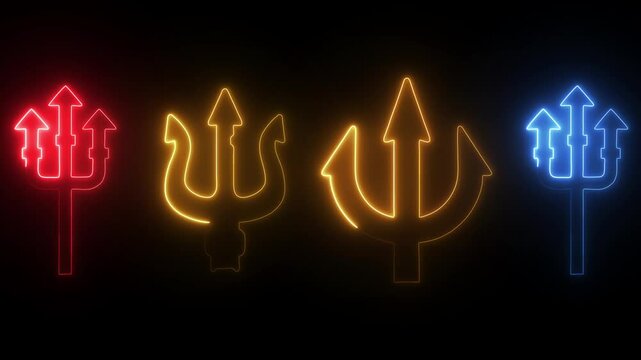 Abstract neon glowing of trident on a black background. Neptune trident.Trident devil flat. Neptune red trident.