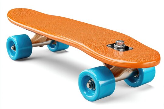 Orange skateboard with bright blue wheels