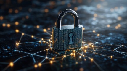 Close-up of a security padlock on a digital network with interconnected glowing lines representing cybersecurity protection