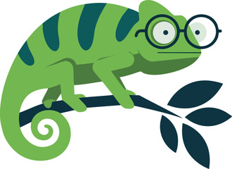 Fototapeta premium Green chameleon with glasses perched on branch vector illustration in flat style 