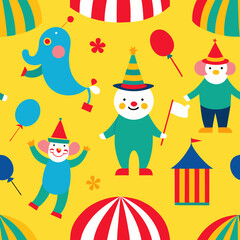seamless circus pattern   clowns  tents  balloons