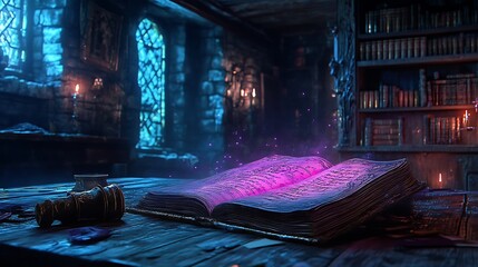 Mystic tome in a dimly lit library, illuminated by spectral purple glow