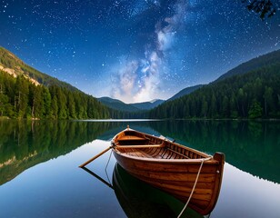Wooden boat on still lake, starry night sky, mountains, forest