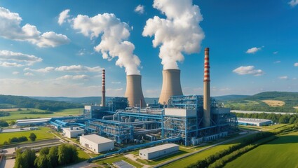Industrial power plant with cooling towers emitting steam in a rural landscape under a clear blue sky