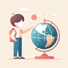 Minimalist flat vector of a child pointing at a globe, symbolizing world education