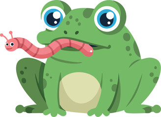 Naklejka premium Green frog cartoon with worm in mouth vector illustration for children design 