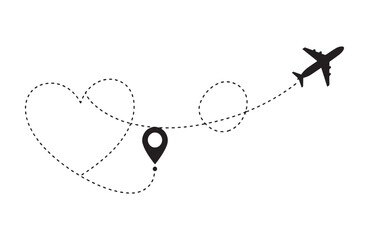 Romantic Getaway Airplane Flight Path in Heart Shape, Travel Illustration