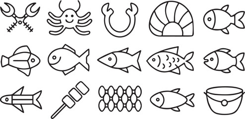 Fish Seafood Icons Editable Aquatic Life Line Art Set