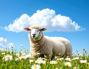 Obraz premium Sheep in a field of flowers under a blue sky
