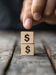 A hand is holding two wooden blocks with the word "dollar" on them