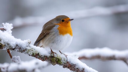 Small European Robin Bird Perched on Snow Covered Branch in Serene Winter Forest