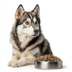 Fototapeta premium Dog enjoying a meal of kibble from a bowl indoor setting pet food photography close-up view healthy lifestyle