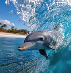 Obraz premium a dolphin swimming in the ocean, captured from an underwater perspective with sunlight filtering through clear blue water