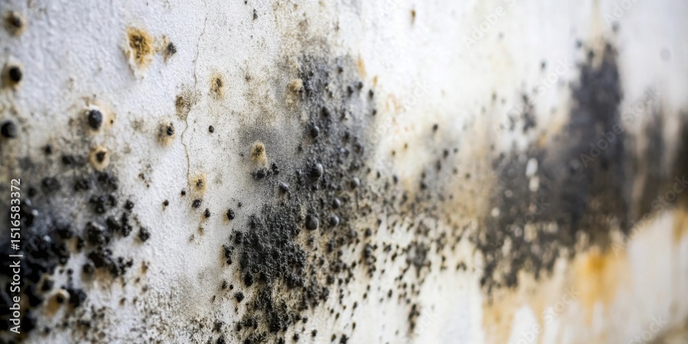 Poster close-up view of a surface exhibiting extensive mold and mildew growth, showcasing a textured patter