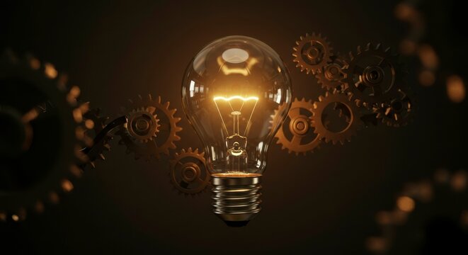 Illuminated lightbulb encircled by intricate gears, symbolizing innovation and ingenious mechanics