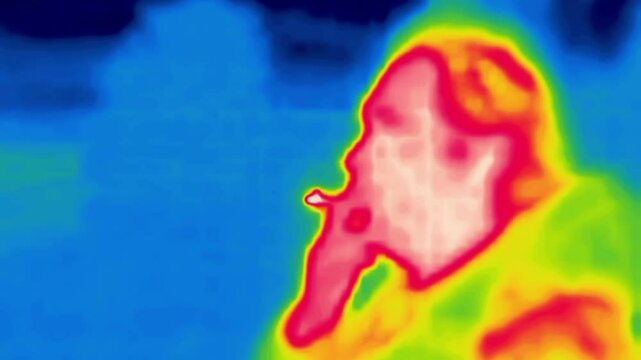 The smoking man. Burning cigarette in hand, night smoking, Image from thermal imager device