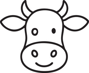 Simple Black and White Line Drawing of a Smiling Cartoon Cow Face with Horns