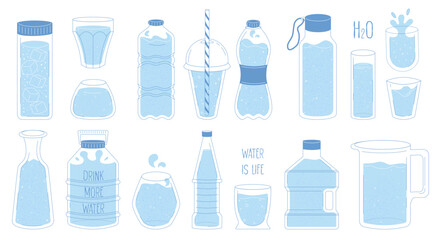 Collection of bottles, glasses, carafes, water jars in different shapes and styles. Set of plastic and glass containers for liquids in blue color. Flat contour style with textures