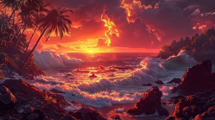 Stunning sunset over the ocean with palm trees.