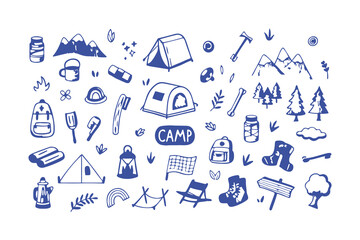 Hand-drawn camping and hiking doodle icons. tent, backpack, boots, map, compass, lantern, gear, and outdoor elements for adventure designs