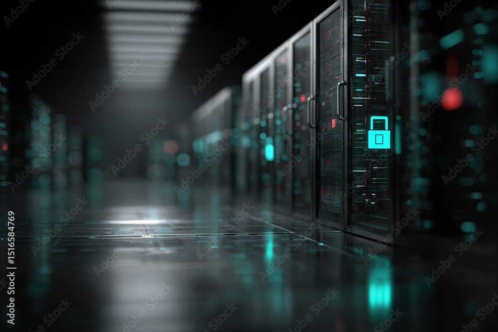 Poster data center with secure server racks illuminated by glowing lights in a high-tech environment