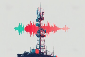 Communications tower with soundwave graphic showcasing technology and connectivity