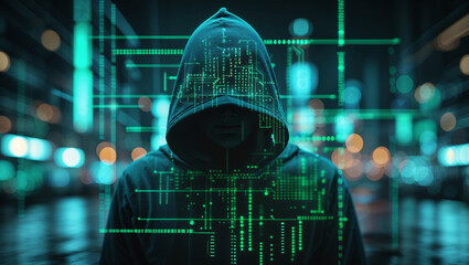 A hooded figure is engulfed in a digital overlay, representing cybersecurity and the online world.
