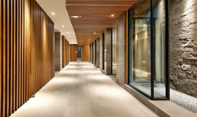 hallway with smooth stone tiles, vertical wooden slats, ambient lighting, glass panels dividing space