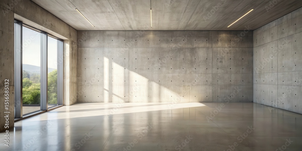 Poster sunlit modern concrete room with large window and polished floor