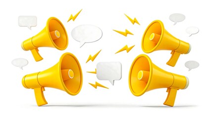 Yellow megaphones with speech bubbles and lightning bolts on white background, concept of communication, announcement, and marketing
