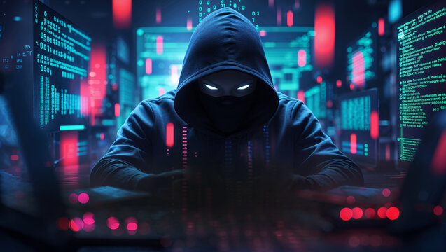 A mysterious figure in a hoodie is hacking and coding on the computer with bright eyes.