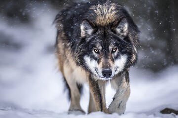 Fototapeta premium Wolf in snowy forest approaching forward