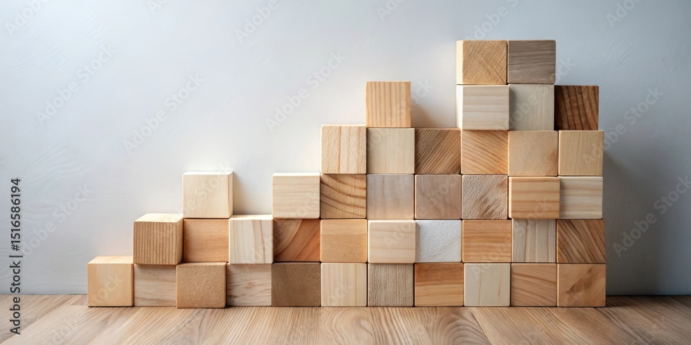 Poster wooden blocks arranged in ascending order against a light background, representing growth and develo