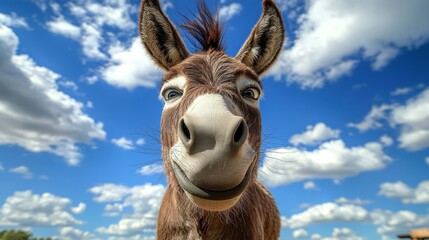 Obraz premium Close-Up Donkey Portrait Playful Expression Against Blue Sky, Animal Photography, Digital Art, Donkey, Smile Donkey, Equine