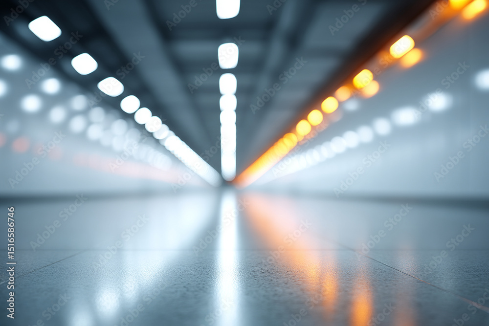 Poster blurred tunnel corridor with bright white and orange lights reflecting on shiny floor, creating futu