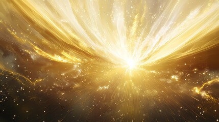 A burst of golden yellow and white light from the center, with rays of color expanding outward in waves, leaving a trail of glowing sparks in its wake. 
