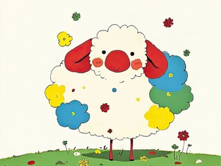 Naklejka premium Cartoon Sheep with Colorful Floral Collar in Pastoral Setting
