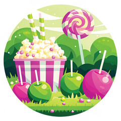 Naklejka premium Colorful candy and popcorn in a whimsical outdoor setting 