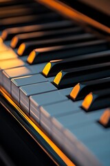 Piano keys close-up, warm light