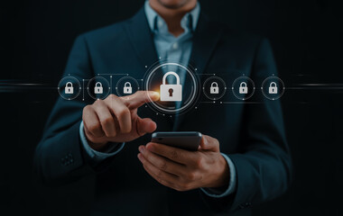 Securing mobile data cybersecurity with padlock icons for business data privacy and protection online