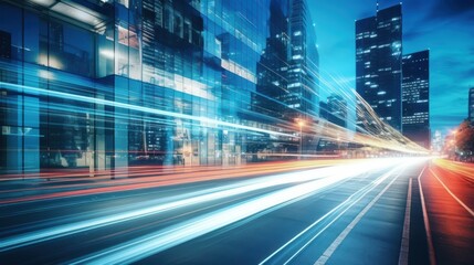 Obraz premium Light trails on the modern building background. Light trails at night in urban environment, Abstract Motion Blur City, traffic, transportation, street, road, speed.